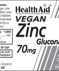 Health Aid Vegan Zinc Gluconate 70mg 90's