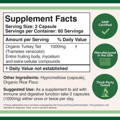 Double Wood Turkey Tail Mushroom Supplement 120 Capsules - 2 Month Supply