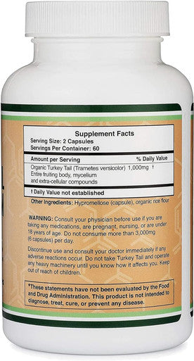 Double Wood Turkey Tail Mushroom Supplement 120 Capsules - 2 Month Supply