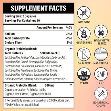 300 Billion CFU Probiotics - Probiotics for Women and Men, 12 Probiotic Strains Plus Prebiotic, for Immune & Digestive, Gut Health, Gas Bloating, Shelf Stable - 60 Capsules