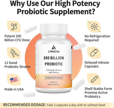 300 Billion CFU Probiotics - Probiotics for Women and Men, 12 Probiotic Strains Plus Prebiotic, for Immune & Digestive, Gut Health, Gas Bloating, Shelf Stable - 60 Capsules